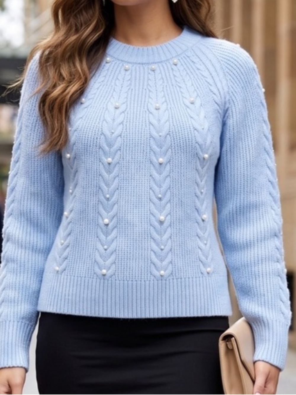 Light Blue Pearl-Accent Cable Crewneck Sweater